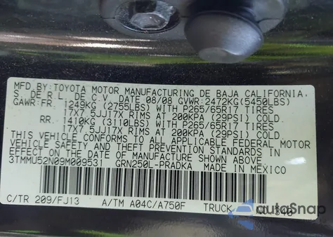 2009 Toyota Tacoma Base V6 from USA, damaged, VIN 3TMMU52N09M009531